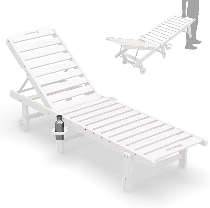 SERWALL Outdoor Chaise Lounge Chair, Pool Lounge Chair with 5 Positions Adjustable Backrest, HDPE Lounger with Rolling Wheels & Cup Holder for Poolside, Beach, Garden, White