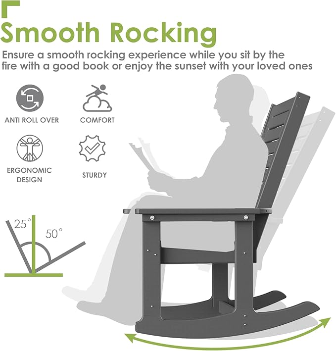 GREENVINES Outdoor Rocking Chairs | Set of 2 | Porch Rocker | HDPE Plastic | Grey | Oversized Rockers | High Back | Big & Tall | Ladder Back | for Patio Outside Backyard Balcony Garden
