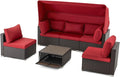 HOMREST 6 Pieces Patio Furniture Sets, Rattan Daybed with Retractable Canopy, Outdoor Sectional Sofa Set with Adjustable Backrest, Chaise Chair Sunbed for Garden Poolside Backyard(Red)