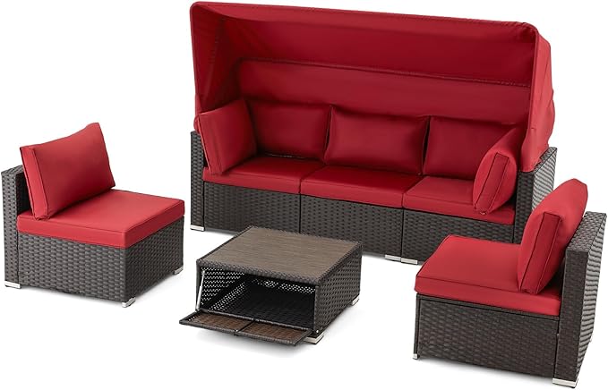 HOMREST 6 Pieces Patio Furniture Sets, Rattan Daybed with Retractable Canopy, Outdoor Sectional Sofa Set with Adjustable Backrest, Chaise Chair Sunbed for Garden Poolside Backyard(Red)