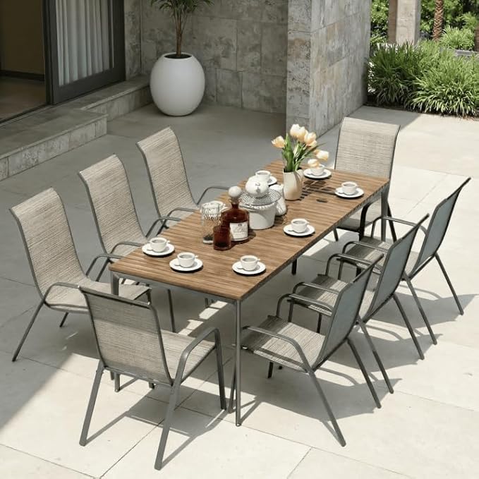 MAMIZO Patio Dining Chairs, Stackable All Weather Teslin Chair, Heavy Duty Outdoor Breathable Chairs Set, w/Armrests, Upgraded Chair FeetW/Strenthened Iron Spacers, 330 LBS (8, Brown)