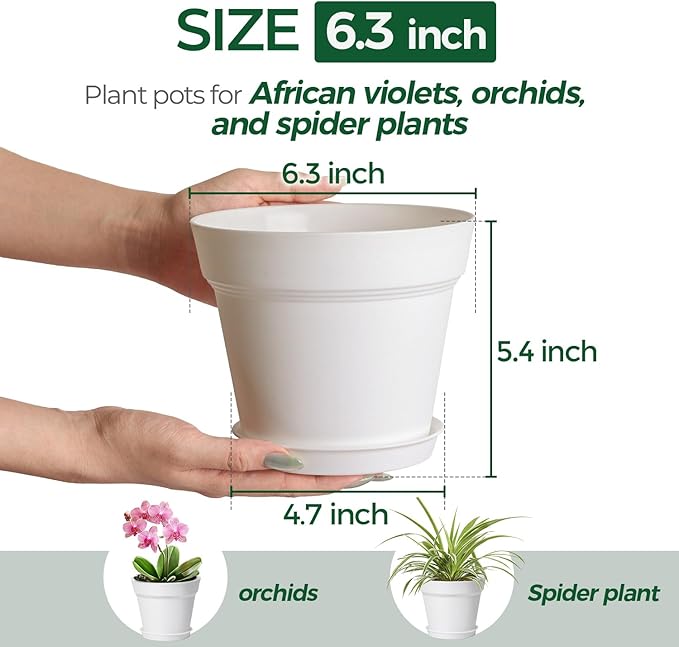 T4U 6 Inch Plant Pot 8-Pack, Plastic Planter with Drainage Hole and Saucer, Decorative Nursery Pots Bulk for African Violet, Snake Plant, Succulent, Herb and Plants Indoor (8 Pcs 6" Pots, White)
