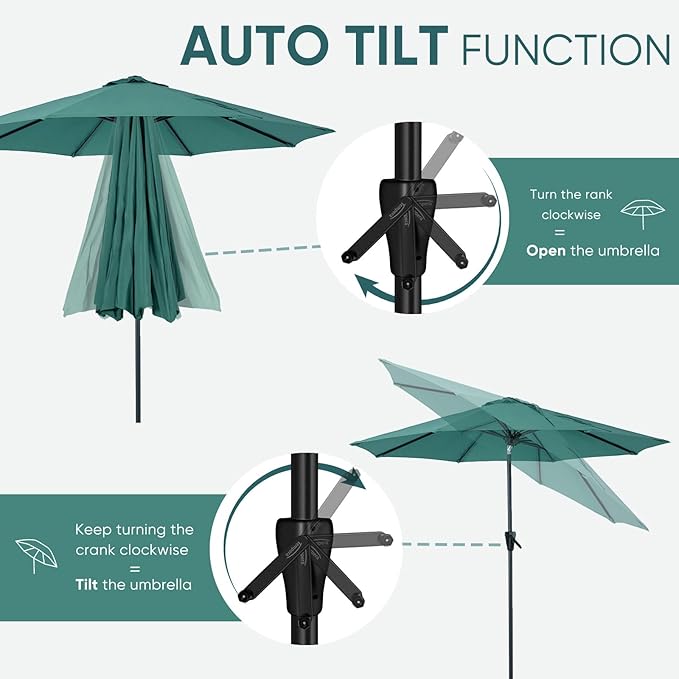 Tempera Patio Market Outdoor Table Umbrella with Auto Tilt and Crank, Large Sun Umbrella with Sturdy Pole & Fade Resistant Canopy, Easy to Set