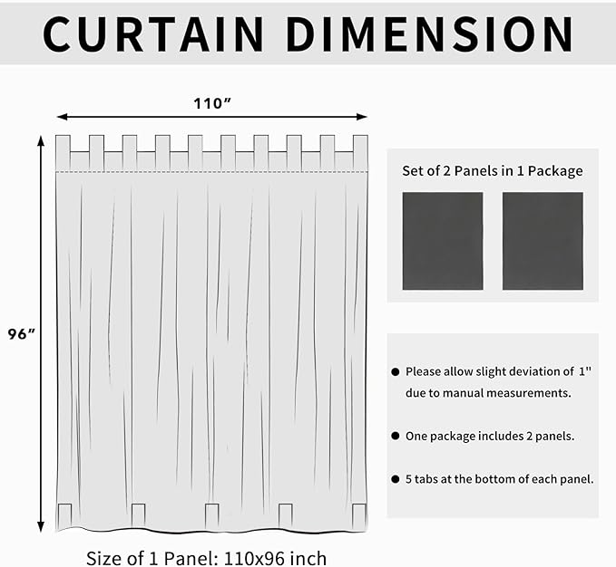 Easy-Going Outdoor Patio Curtains Detachable Tab Top Windproof Weatherproof Curtain for Cabana, Porch, Pergola and Gazebo, Tab Bottom Drape, 2 Panels, 110W x 96L inch, Gray