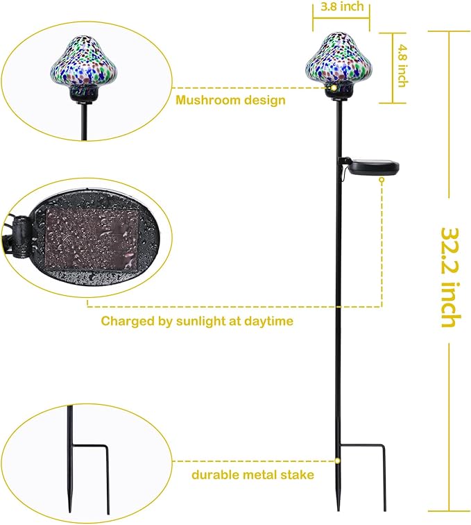 Solar Outdoor Lights Decorative Solar Glass Mushroom Lights Waterproof LED Waterproof Garden Stake Light for Walkway Pathway Lawn Patio Yard Decorations 2 Pack Multi