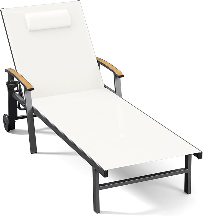 Ciokea Outdoor Lounge Chair with Pillow, 5-Position Aluminum Chaise Lounge with Wheels & Armrests, 400 lbs Heavy Duty Patio Pool Chair for Deck, Backyard, Beach & Poolside, White