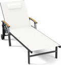 Ciokea Outdoor Lounge Chair with Pillow, 5-Position Aluminum Chaise Lounge with Wheels & Armrests, 400 lbs Heavy Duty Patio Pool Chair for Deck, Backyard, Beach & Poolside, White