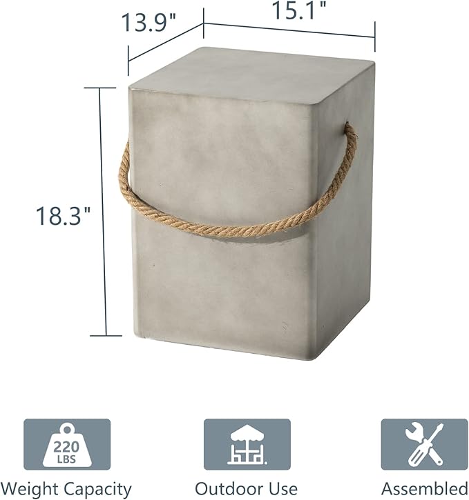 COSIEST Concrete Side Table, Rectangular Outdoor Side Table w Hemp Rope Handles,15''Patio Side Tables End Table, Outdoor Accent Coffe Table for Garden and Patio, Grey