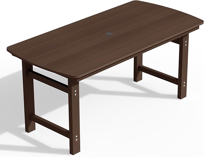 Ciokea HDPE Outdoor Dining Table with Umbrella Hole,66" Rectangle Patio Table for 6,All-Weather Outdoor Patio Furniture Set for Garden Backyard,Brown