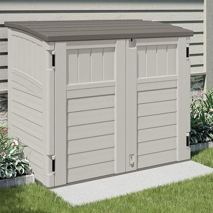 Suncast 3 Pack 34 Cu Ft Capacity Horizontal Outdoor Storage Shed for Garbage Cans, Garden Accessories, Backyard, and Patio Use, Vanilla