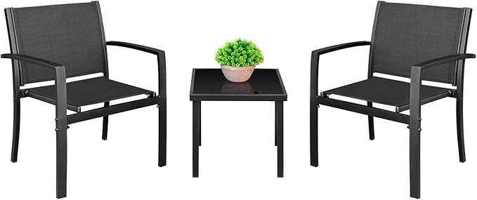 Homall 3 Pieces Patio Furniture Set Outdoor Patio Conversation Textilene Bistro Set Modern Porch Lawn Chairs with Coffee Table for Home and Balcony (Black)