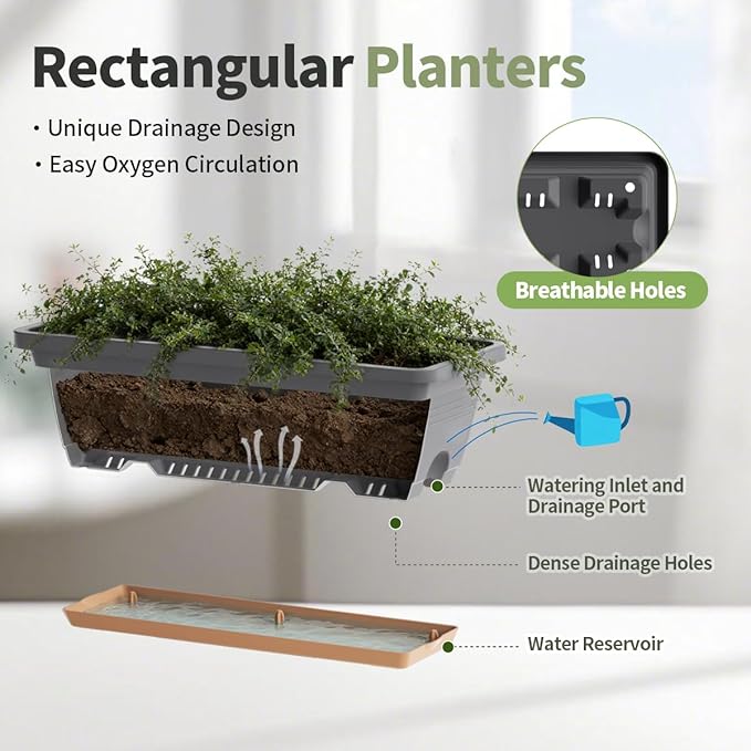 Window Box Planter, 6 Pack Plastic Vegetable Flower Window Planters Boxes 16 Inches Rectangular Flower Pots with Drainage Holes and Saucers (Grey)