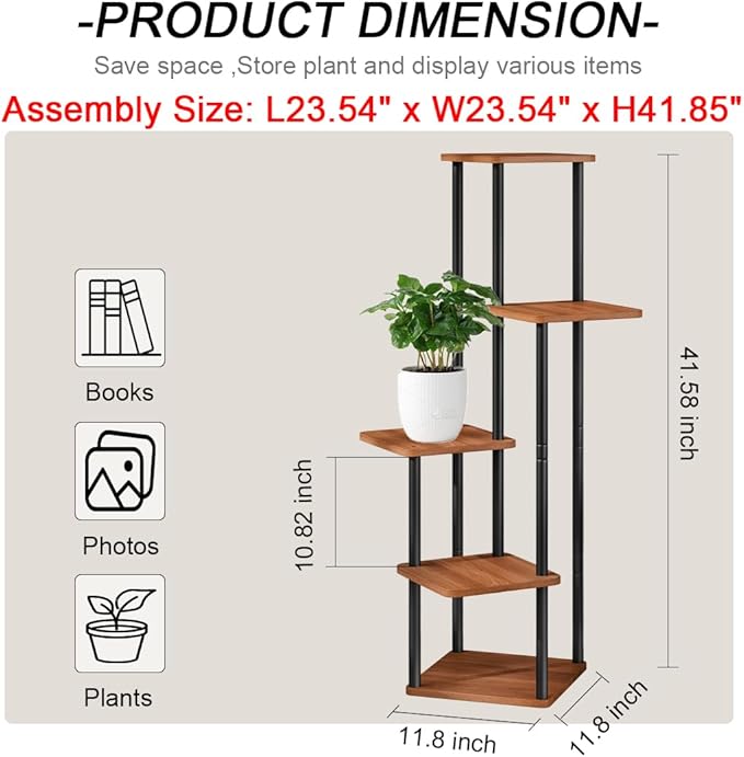 AZERPIAN Plant Stand 5 Tier Indoor Metal Flower Shelf for Multiple Plants Corner Tall Flower Holders for Patio Garden Living Room Balcony Bedroom, Walnut (5 Tier-Walnut)