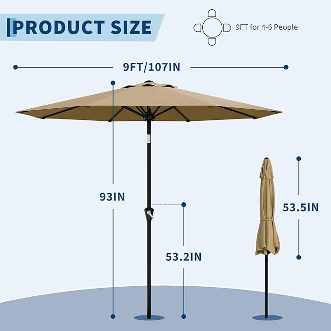 Garvee 9FT Patio Umbrella - Outdoor Table Umbrella with Smooth Crank Lift, Push Button Tilt and 8 Sturdy Ribs - Market Umbrella UV Protection Waterproof for Pool, Deck, Yard, Garden (Tan)