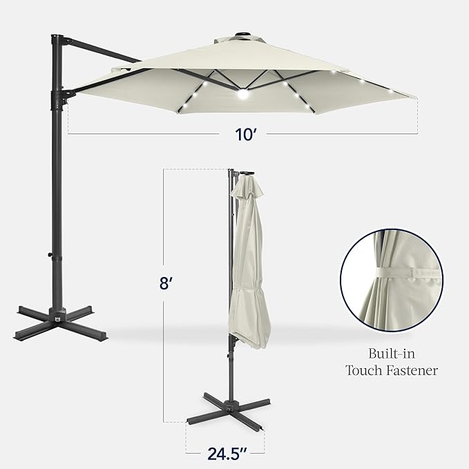 Best Choice Products 10ft Solar LED Offset Cantilever Hanging Market Patio Umbrella, Smooth 360° Rotation, 8 Sturdy Ribs, Easy Adjustment - Ivory