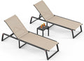 Aluminum Patio Chaise Lounge Set of 2 with 1 Side Table, Foldable Outdoor Pool Lounge Chairs 5-Position Recliner for Outside Poolside, Fully Grounded Legs Sun Lounger for Beach, Yard, Khaki