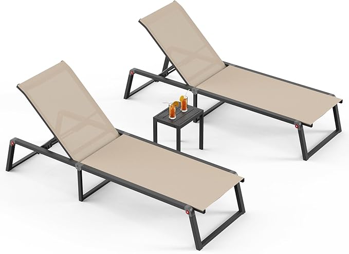 Aluminum Patio Chaise Lounge Set of 2 with 1 Side Table, Foldable Outdoor Pool Lounge Chairs 5-Position Recliner for Outside Poolside, Fully Grounded Legs Sun Lounger for Beach, Yard, Khaki