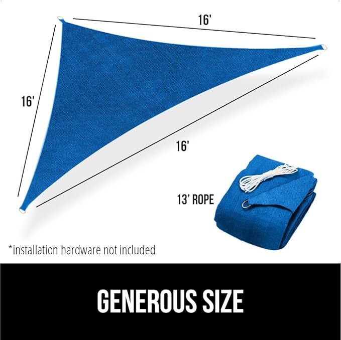 GORILLA GRIP Heavy Duty Sun Shade, UV Protection Fade Tear and Rust Resistant Rectangle Sunshade Canopy, Curved Edges Blocks Sunlight, Breathable Sail, Outdoor Patio, Lawn Garden, 16x16x16, Blue