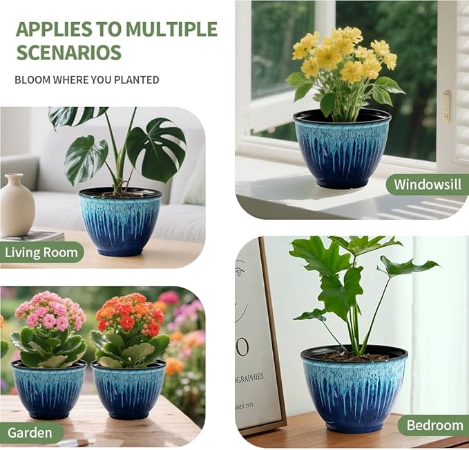 Flower Pots, 8 Inch Plastic Plant Pots for Plants, Set of 4 Planter for Indoor Outdoor Plants with Drainage Hole, Sleek Small Nursery Planting Pot for Home Garden Outdoor Planters(Blue Glaze)