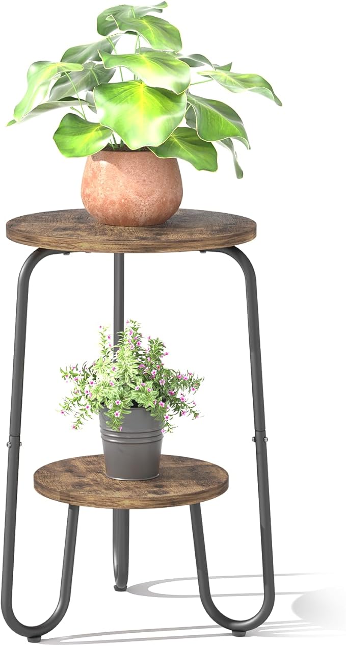2 Tier Wood Plant Stand Indoor, Small Round Flower Pot Stand, 19.6" Tall Single Plant Holder for Living Room, Balcony, Rustic Brown End Side Table（2 packs）