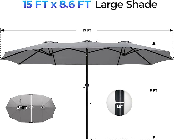 SUPERJARE 15FT Outdoor Umbrella for Patio, Double sided Pool Umbrellas with Fade Resistant Canopy, Large Table Umbrella for Deck, Market, Backyard - Gray