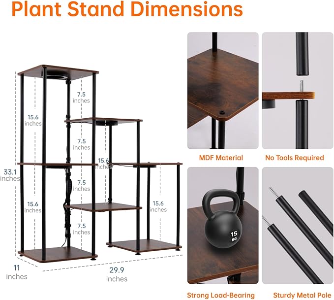 Bstrip Plant Stand Indoor with Grow Light, 33" High Indoor Plant Shelf, 7 Tier Flower Stand with Plant Light Full Spectrum, Metal Plant Holder with Light, laddered Plant Rack for Home, Corner