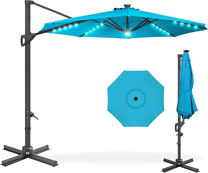 Best Choice Products 10ft Solar LED Cantilever Patio Umbrella, 360-Degree Rotation Hanging Offset Market Outdoor Sun Shade for Backyard, Deck, Poolside w/Lights, Easy Tilt, Cross Base