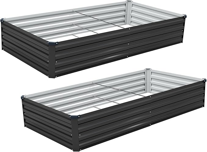 2 Pack 6x3x1FT Galvanized Raised Garden Bed Kit, Outdoor Metal Planter Box for Vegetables, Bottomless Rectangular Gardening Bed with Support Rods, Tool-Free Assembly, Black