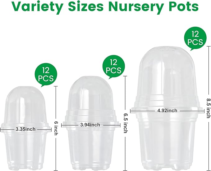36 Packs 5/4/3.5 Inch Clear Nursery Pots with Humidity Domes, Transparent Plant Pots with Drainage Holes, Variety Pack Seedling Pots for Vegetable Propagation, Root Cutting, Seed Starting