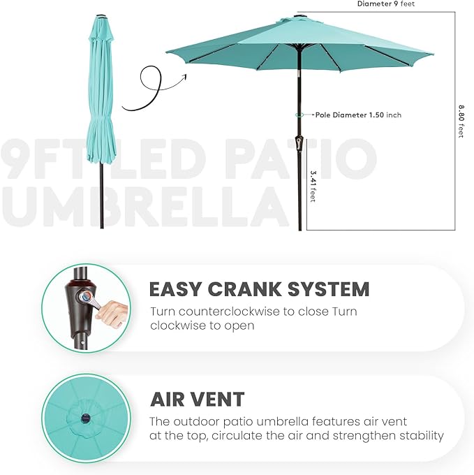 JEAREY 9FT Outdoor Patio Umbrella with Solar Lights, LED Lighted Pool Umbrella with Tilt and Crank, Outdoor Table Umbrellas for Deck, Yard & Market (Teal)