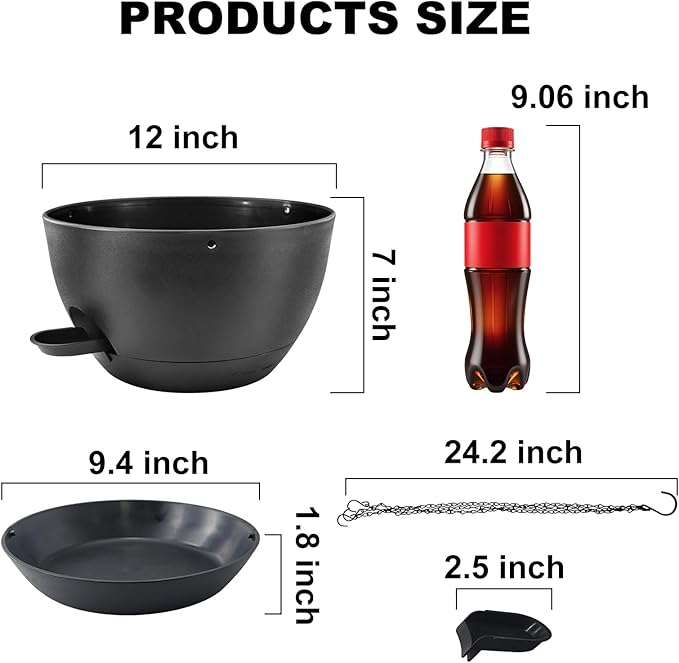 12 inch Hanging Planters for Indoor Plants, 2 Pack Self-Watering Hanging Planter Pots with Chain and Drainage Holes, Outdoor Plastic Hanging Baskets for Garden Home Decor (Black, 2pcs/12inch)