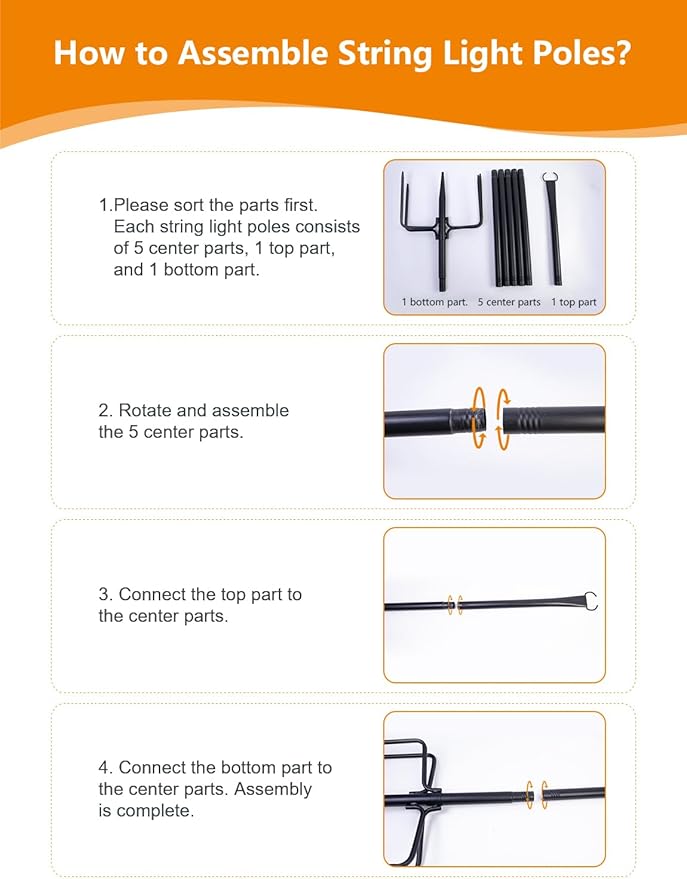 6 Pack 9FT String Light Poles for Outdoor,Metal Lights Hanging Pole Outside with Fork,Light Stand for Patio, Pergola, Garden, Backyard, Yard, Camping Party