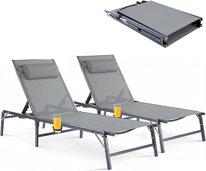 2 Pack Foldable Chaise Lounge Chair with Cup Holder, Assemble-Free Outdoor Lounge Chair with Detachable Pillow and 6 Adjustable Backrest, Patio Lounge Chair for Outside Poolside Beach Pool, Grey