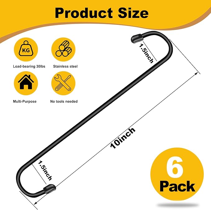 6 Pack 10 Inch Large S Hooks for Hanging Plants,Black Extra Matel Heavy Duty Hook for Hang Brsket,Bird House,Clothes,Kitchenware