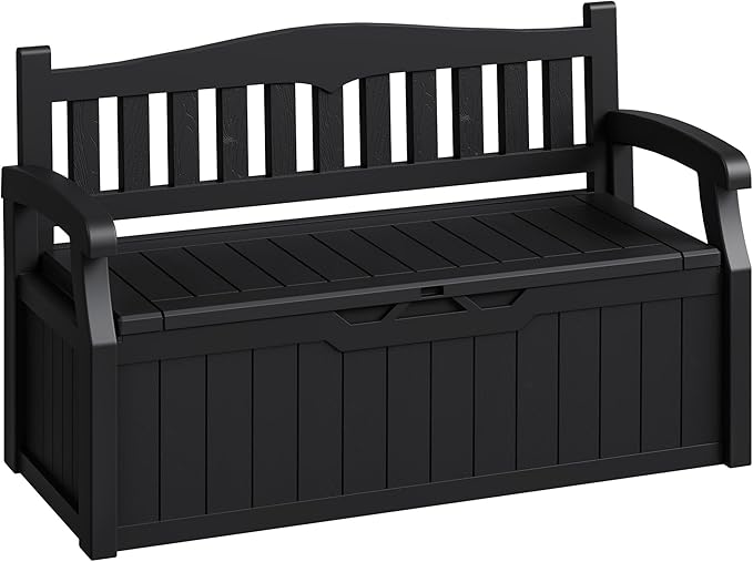 80-Gallon Outdoor Storage Bench, Waterproof Deck Box with Lockable Lid, Dark Black