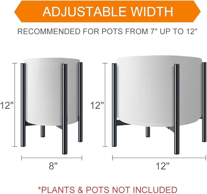 H HOMEXIN Metal Adjustable Plant Stand, Width 8-12 Inches, Corner Mid Century Holder for Indoor Outdoor Stable Display, Black