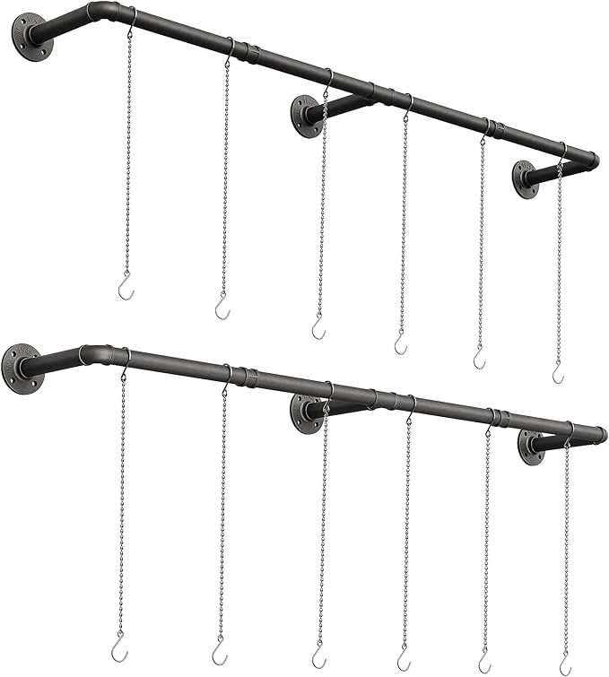 Plant Haning Rod, 2 Pack Hanging Planters for Indoor Plants with 6 Chains, Wall Plant Hanging Bar for Window Celling, 65.7 Inch, Metal Black, Pots Not Included