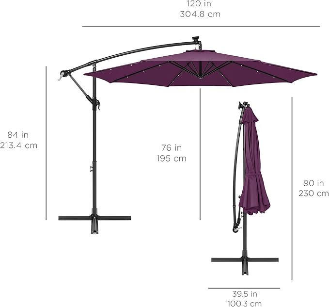 Best Choice Products 10ft Solar LED Offset Cantilever Hanging Market Patio Umbrella, 8 Sturdy Ribs, Easy Adjustment - Amethyst Purple
