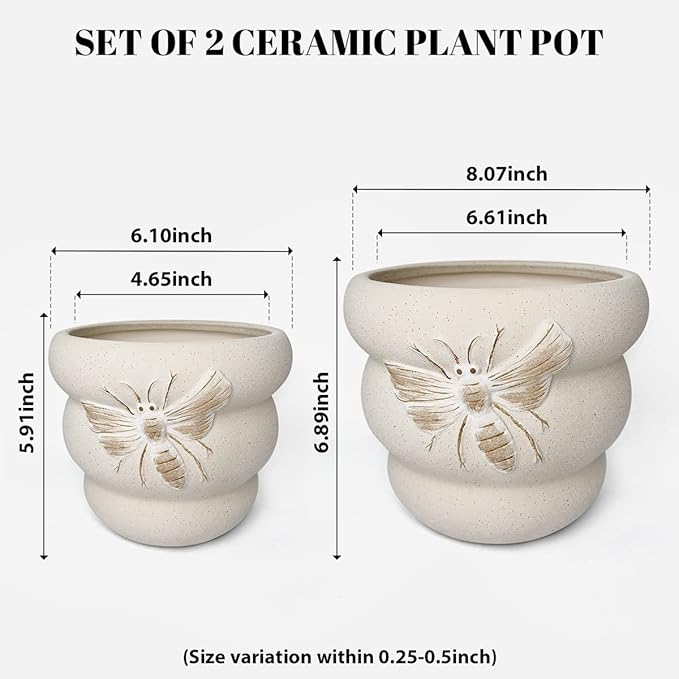 Terracotta Pots with Drainage Holes Bee Decor, Ceramic Pots for Indoor Plants Flower Pots Outdoor, Succulent, Herbs, Snake Plants (Beige, 8+6 Inch)