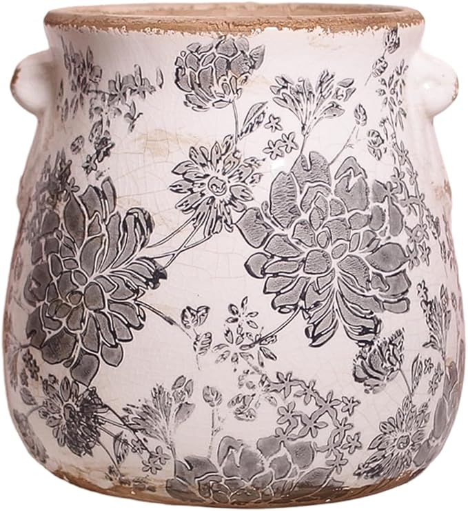 6.68in. Tuscan Planter & Room and Home Decor, Decorative Vase, Indoor/Outdoor Ceramic Plant Pot w/Drainage, French Country Decor Boho Decor, Gifts for Women Birthday Unique, Vintage Grey