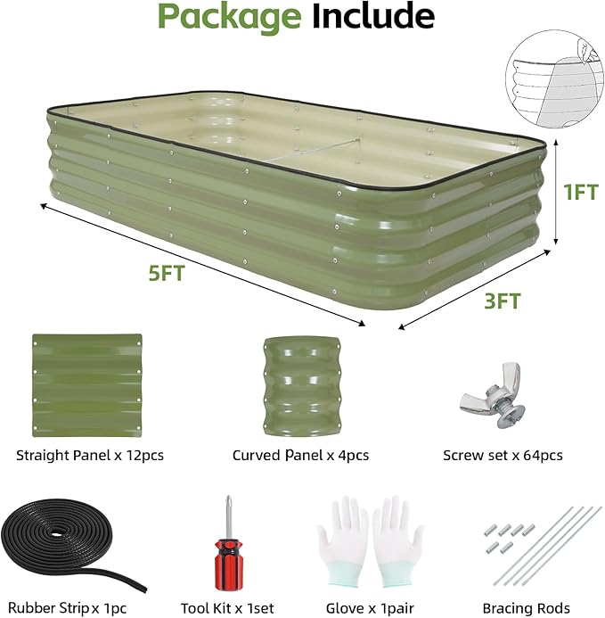 4-in-1 Modular Raised Garden Bed Kit - Adjustable Sizes (5x3x1ft, 4x4x1ft, 6x2x1ft, 7x1x1ft) - Heavy Duty Galvanized Steel Planter Box with Bracing Rods & Gloves for Vegetables, Fruits
