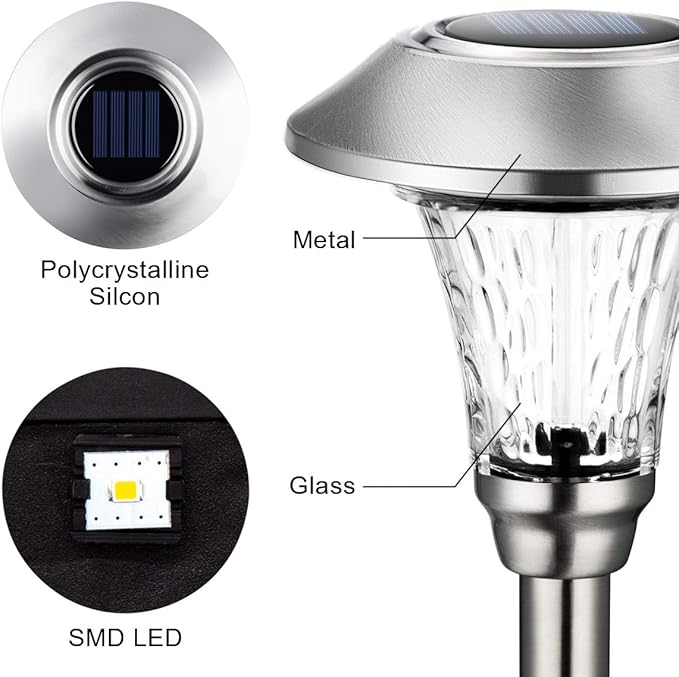 GIGALUMI Solar Pathway Lights, 8 Pack Solar Light Outdoor Waterproof, Glass Stainless Steel Automatic Solar Landscape Lights for Patio, Yard, Lawn, Driveway, Walkway (Warm White)