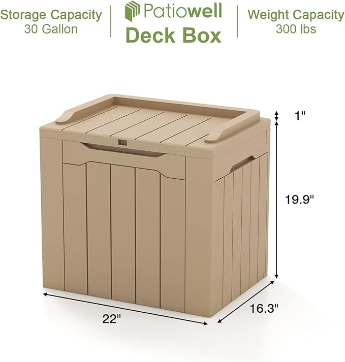 Patiowell 30 Gallon Resin Deck Box, Outdoor Storage Box for Patio Furniture, Deliveries, Pool Supplies,Waterproof and Lockable, Light Brown