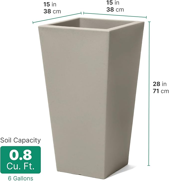 Step2 Tremont Tall Square Tapered Planter, 28", Indoor/Outdoor Plants, Efficient Drainage, Durable Resin, Concrete