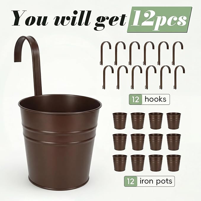HowRU Hanging Flower Pots, Railing Planter Box for Outdoor Plants 12 Pack 5 Inch Metal Hanging Planters with Detachable Hooks Balcony Window Fence Garden Decoration Flower Boxes(Bronze(5in))