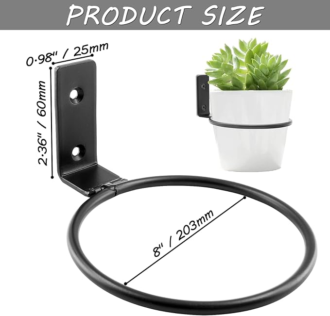 2 Pack 8 inch(203mm) Flower Pot Holder Ring, Flower Pot Holder Ring Wall Mounted Set Wall Mounted Metal Planter Hanger Matte Black Hanging Plant Holder