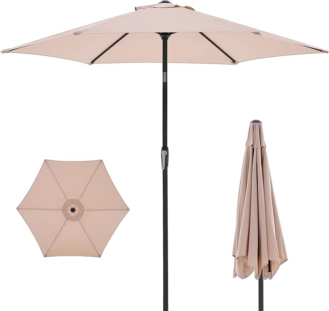 OLIXIS 7.5ft Patio Umbrella with Tilt and Crank Button & 8 Sturdy Ribs Waterproof, Patio Table Umbrella Perfect for Poolside, Terrace, Beach and Outdoor Restaurant, Beige