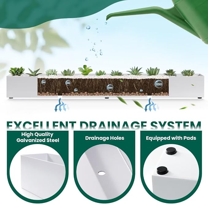 Window Sill Planter Box Trough Rectangle Planter Long Window Planters Modern Galvanized Steel Succulent Planter White 32 in Metal Windowsill Pot for Indoor Plants Herb Table Home Outdoor