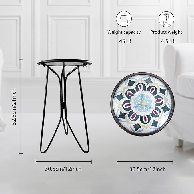 LIFFY Outdoor Side Table,12" Indoor Small Round Glass Tabletop Accent Table with Metal Frame, Home Decorative Plant Stand & End Table Outside for Patio, Garden, Yard, Kitchen, Porch
