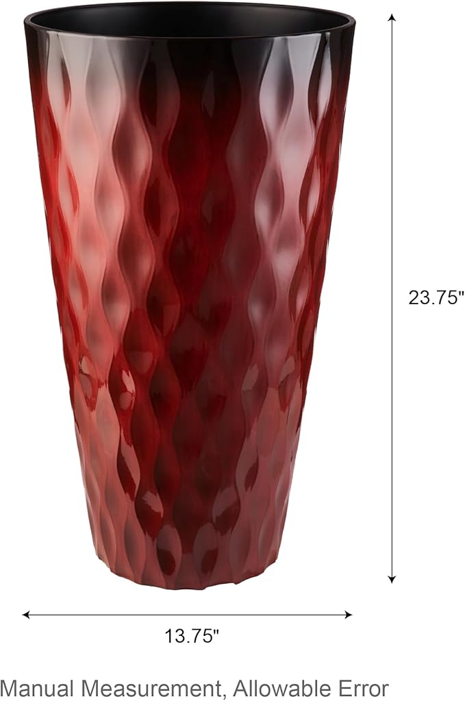 Glitzhome 23.75" H Tall Outdoor Planter, Set of 2 Wavy Texture Red Large Planters for Outdoor Plants, with Drainage Hole, Plastic Round Decorative Tall Flower Pots for Indoor Outdoor, Front Porch